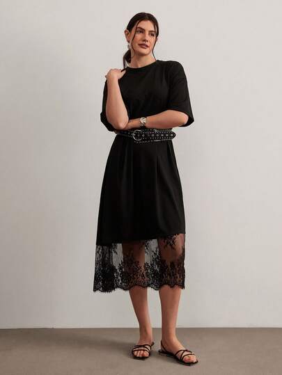 Freevana 大码女式蕾丝拼接圆领时尚约会/外出连衣裙