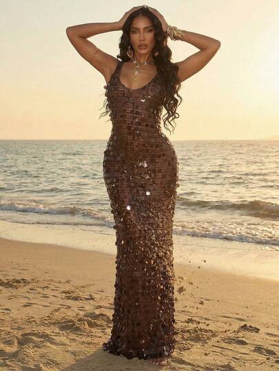 Silquee Women's Sexy Beach Vacation Sequin Hollow-Out Semi-Sheer Dress, Summer