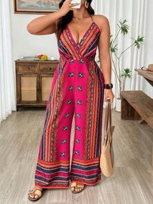 Breezaya Große Größen Jumpsuit für Damen mit französischem Blumenmuster und Kreuzausschnitt, geeignet für den Sommer - Verschiedenfarbig - Übersicht 7