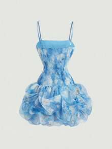 SHEIN MOD Women's Floral Fitted Ruched Bubble Hem Organza Mini Dress, Y2k Dresses, Women's Talk Dress, Birthday Outfit Dress Party Dress Summer Dress Outfit Dress Pleated Dress,Summer Dresses For Women - Blue - View 2