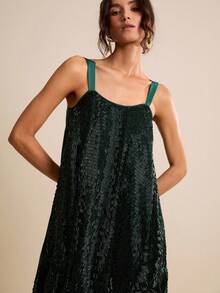 LOTSLUV 女士绿色串珠纹理面料方领宽松短款连衣裙，春夏款 - 綠色 - 查看 6