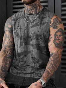 SLATEMANN 男士街头风做旧纹理提花圆领无袖时尚背心 - 深灰色 - 查看 5