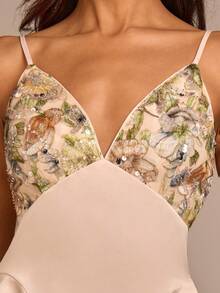COSMINA Women's Elegant Sequin Floral Embroidery Patchwork Waist Tie Camisole, V-Neck Orange Floral Summer Fashion Top For Holiday Dinner Party, Classy Tops - Multicolor - View 2
