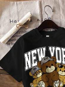 Áo thun tay ngắn cổ tròn in hình gấu hoạt hình, kiểu dáng thường ngày, thích hợp cho bé trai mặc vào mùa hè. - màu đen - Xem 3