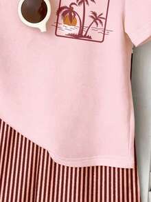 SHEIN 米色和棕色条纹，热带棕榈树印花，少女休闲简约圆领短袖T恤和短裤两件套，适合春夏日常穿着、街头风、居家、度假、农场、度假村等场合。 - 彩色 - 查看 7