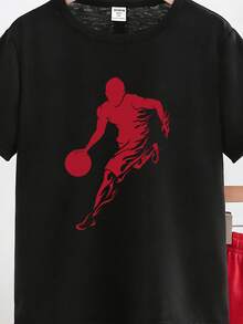 SHEIN 春夏青少年男童休闲时尚创意个性化清爽简约篮球剪影印花舒适基础款短袖T恤和短裤套装，适合春夏穿搭 - 彩色 - 查看 6