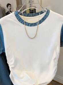 Resyla Denim Effect Digital Print Casual Women's T-Shirt With Drawstring Waist, Great Gift For Friends - White - View 3