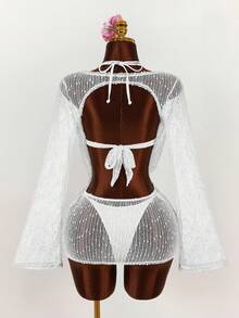 Amplova Bộ bikini hai mảnh gợi cảm dành cho nữ - gồm áo, quần và áo khoác ngoài. - trắng - Xem 2