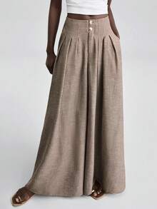 Ontre 女士条纹纽扣休闲百搭日常阔腿裤 - 卡其色 - 查看 6