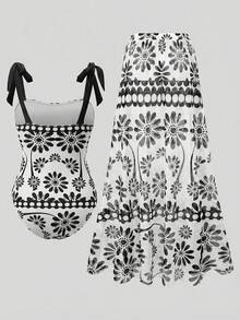 SHEIN Swim Oasis 26SS 春夏度假沙滩波西米亚风绿色碎花连体泳衣及半裙套装 - 彩色 - 查看 7