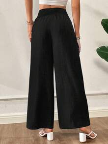 SHEIN Essnce 夏季裤子女士条纹抽绳腰直筒宽松休闲裤 - 黑色 - 查看 2