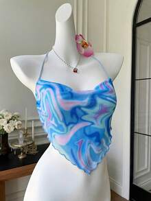 SHEIN EZwear 夏季服装 大理石纹交叉系带露背头巾下摆吊带背心泳衣上衣挂脖上衣夏季上衣 Y2K 坦克背心泳衣上衣 Y2K 泳装挂脖上衣图案上衣钩针上衣女士夏季上衣 - 藍色 - 查看 3