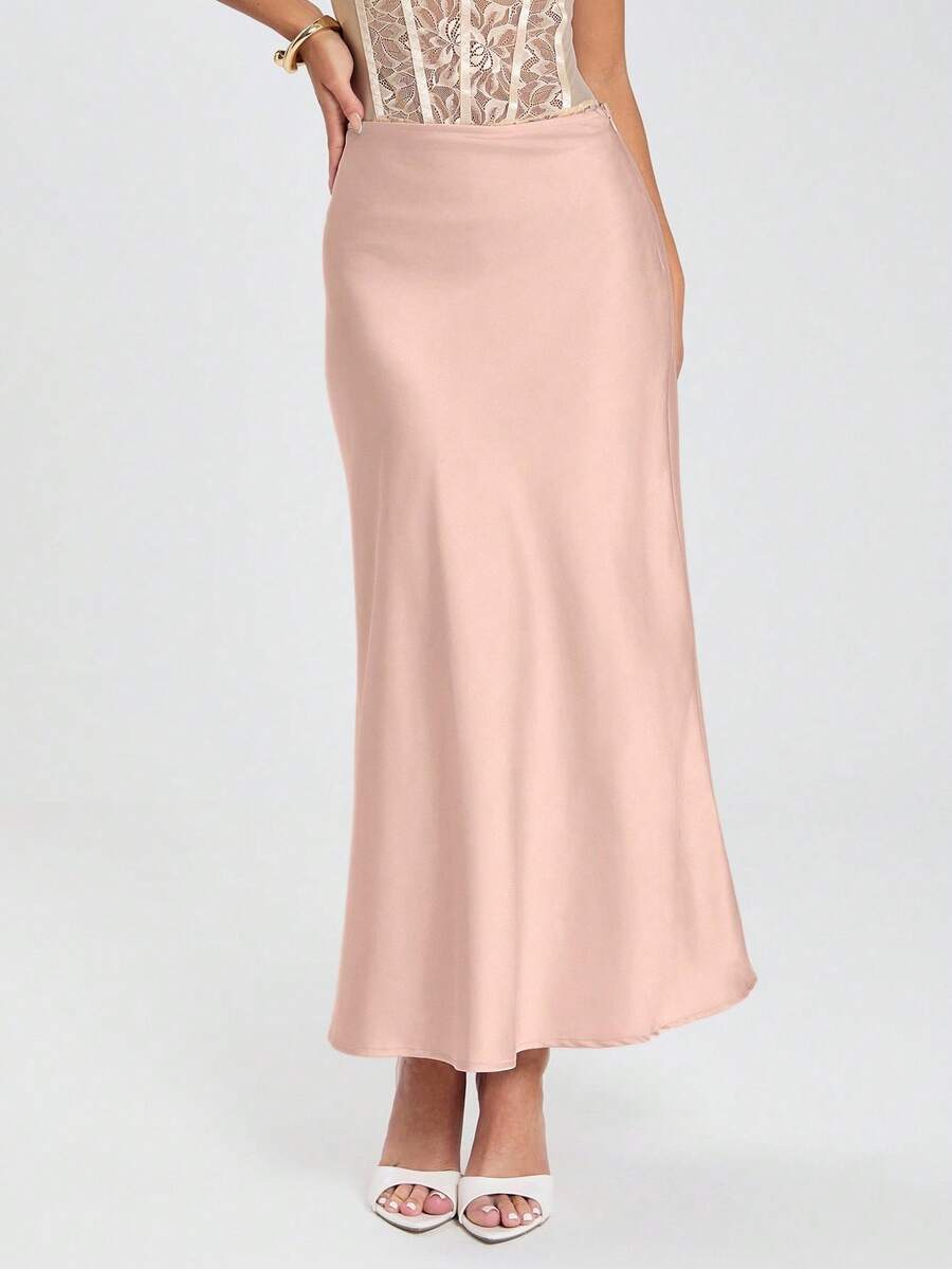 Glamine Women's Satin Skirt, Versatile Fish Tail Hem Skirt, Daily Wear, Brown Skirt Elegant Skirt Silk Skirt Midi Skirt Long Skirt For Women Elegant Formal Long Skirt Satin Women's Skirts Satin Long Skirt Peach Long Skirt Skirts For Formal Wear Elegant Formal Skirt - Coral Pink - View 1
