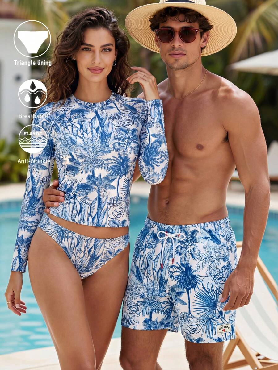 Manfinity Swimmode Shorts de playa con cintura de cordón y estampado tropical para hombre, verano - Azul - Ver 1