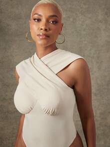 Vixey Áo liền thân bằng vải jersey chải mịn, kiểu dáng chéo ngực, xếp ly. - Màu be - Xem 5