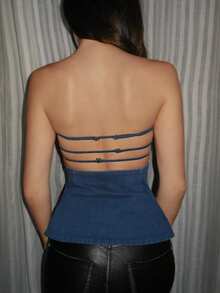 DAZY 夏季女士休闲侧开衩露背抹胸牛仔上衣 - 中等水洗藍 - 查看 7