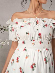 Momance Fashionable Maternity Printed Shirred Dress - White - View 6