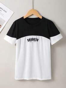 SHEIN Mirajuku 男童春夏圆领撞色城市字母印花休闲T恤 - 黑與白 - 查看 4