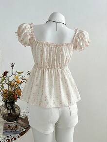 Elamini Camisa de mujer con estampado floral y ribete de contraste con lazo en la cintura, para vacaciones a principios de primavera - Rosa - Ver 2