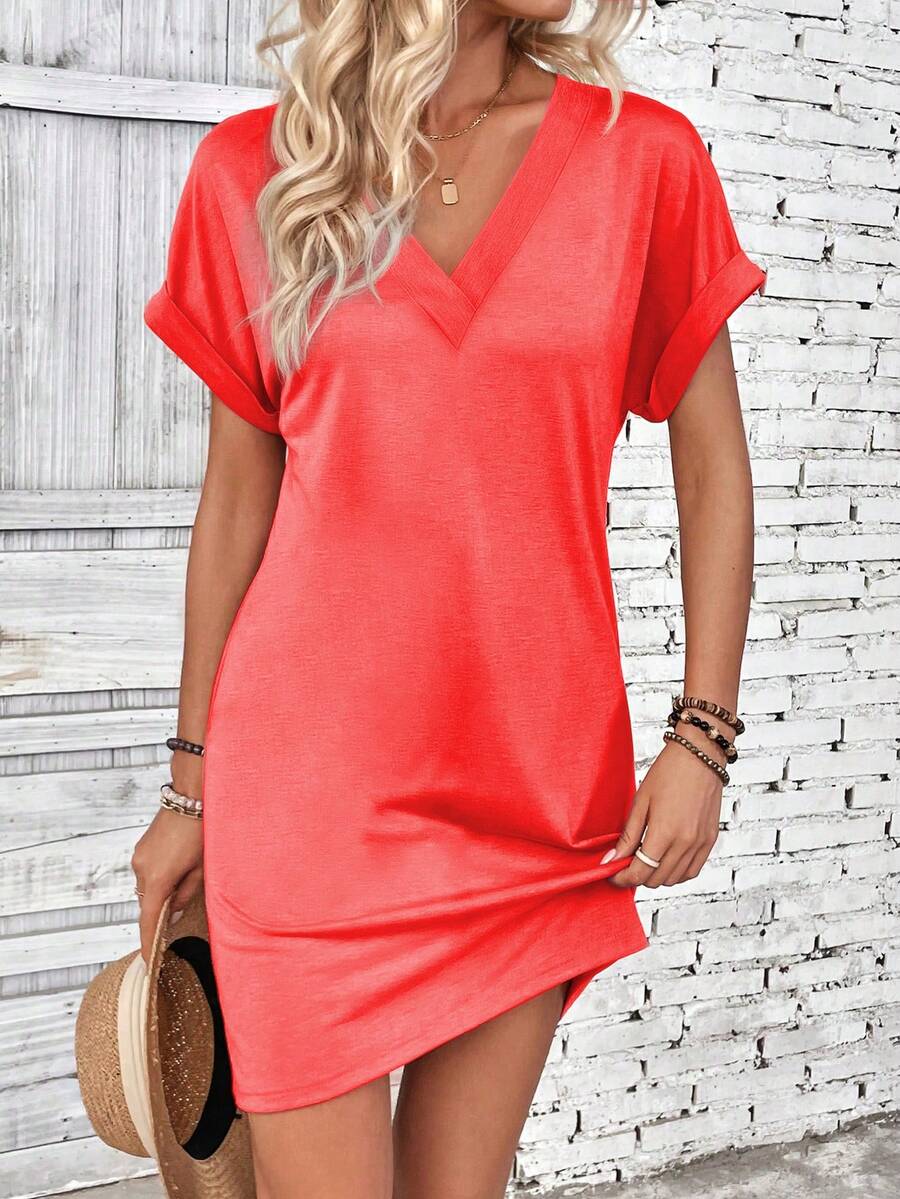 Đầm cổ chữ V tay bồng màu đỏ neon, kiểu dáng cơ bản, thường ngày. - Đỏ - Xem 1