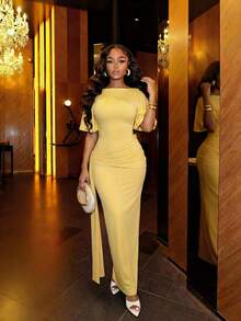 Slaydiva 2025 New Elegant Sexy Long Dress, Waist Cinched, High Slit, Batwing Sleeves, Cream Yellow, For Party, Birthday, Bar, Nightclub, Valentine's Day, Halloween, Christmas, Wedding, Cocktail - Pale Yellow - View 3