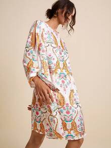 LOTSLUV Women's White Floral Tiger & Tropical Print Round Neck Short Sleeve Drawstring Loose Dress,Boho Autumn Tea Party Holiday Resort Leopard Scarf Dress - White - View 5