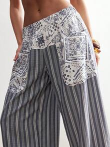 Bohemela Women's Casual Printed Loose Woven Pants Boho Pants For Women Wide Leg Pants Woman Pants For Women Casual - Blue - View 5