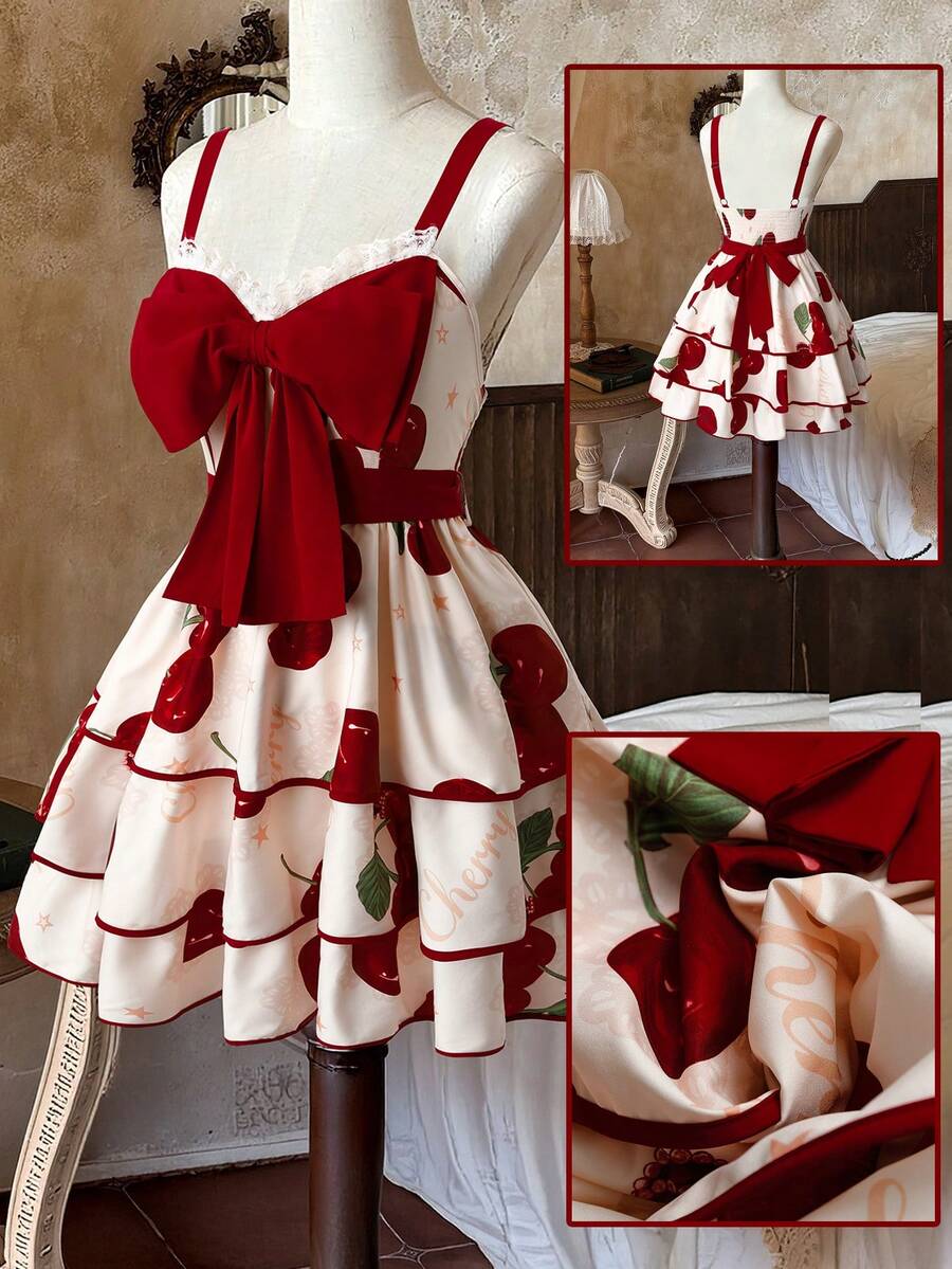 Sweetra Spring, Summer, Fall, Spring/Fall, Vacation, Elegant, Graduation Dress, Summer Women Outfit, Red Cherry Blossom Slip Dress, Floral Mini Skirt, Lolita Tulle Dress, Sweet Spaghetti Strap Dress, Elegant Lolita Cake Dress, Countryside Cherry Blossom - Multicolor - View 1