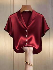 INAWLY Eleganter Mode-Satin-Cardigan mit Perlknöpfen, geeignet für Urlaub, Pendeln und Reisen, Damen Kurzarm Bluse, Frühling/Sommer - Bordeaux - Übersicht 4