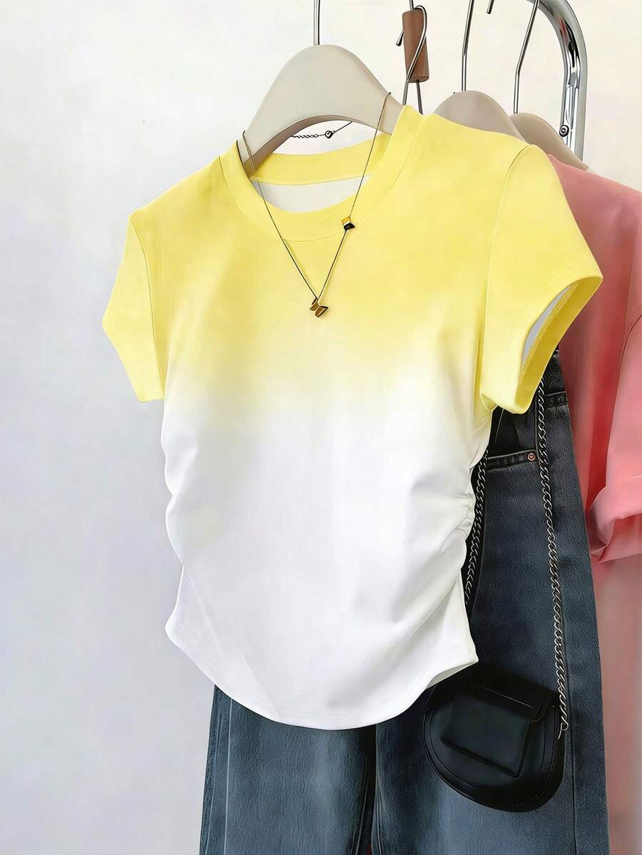 Resyla 女款戶外休閒上衣，甜美風格，優雅設計，夏季新品，戶外運動，修身腰線女款短袖T恤，白色，圖案設計，漸層 - 彩色 - 查看 1