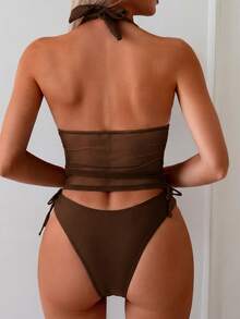 Swim Chiccia Women's Two Pieces Bikini Set, Casual Vacation Style - Coffee Brown - View 2
