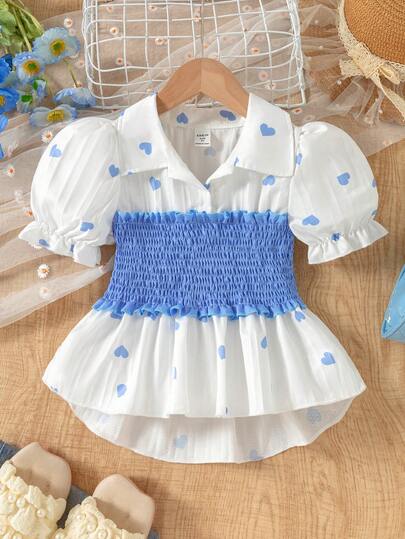 Girls Toddler Blue Heart Gathered Waist Shirt