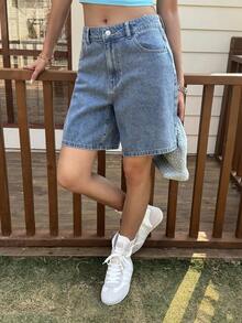 Livesso 夏季复古水洗宽松休闲街头户外直筒休闲裤百慕大短裤女式牛仔短裤 - 中等水洗藍 - 查看 8