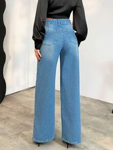 EURMUSE Hög midja, vida ben, sidoslits, strass-denimjeans - Mediumtvätt - Visa 3