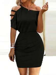 EMERY ROSE Women's Solid Color Asymmetric Neck Cutout Ruched Fitted Mini Dress - Black - View 3