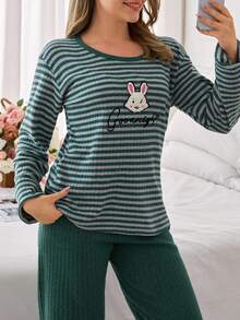 Loomlin Women Cotton Ribk Knit Striped With Cute Rabbit Embroidery Detail Long Sleeve Shirt&Pants Homewear Comfort Pajama Set - Green - View 5
