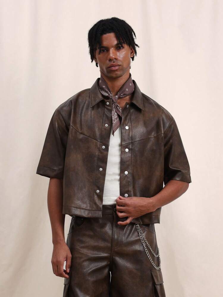Chemise à manches courtes en similicuir marron pour hommes, style vintage western avec boutons, col décontracté, coupe régulière, mode printemps été