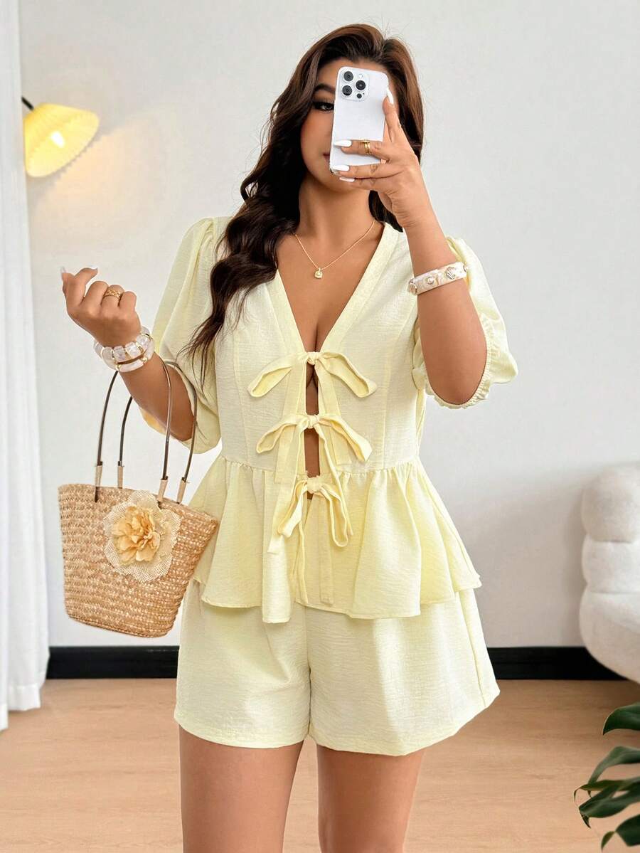 Easura Plus Size Women's Fashion Elegant Vacation Deep V Bow Tie Puff Sleeve Shirt And Loose Shorts 2-Piece Set, Spring/Summer - Light Yellow - View 1