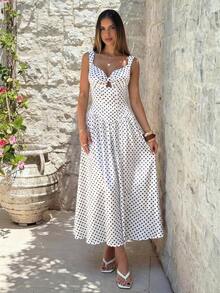 Lucivie 女士优雅浪漫复古甜心领口束腰喇叭裙摆波点无袖连衣裙 - 白色 - 查看 4