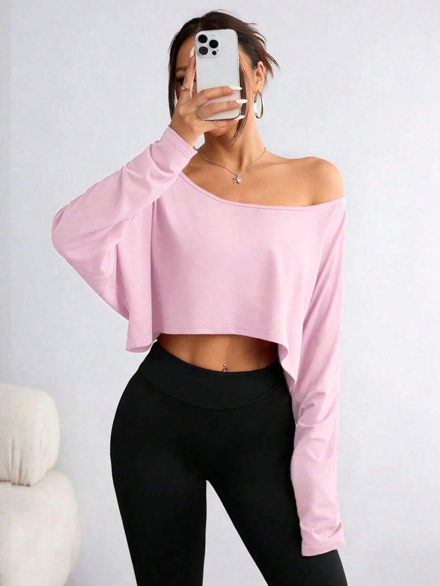 Elenzga Plus Size Women's Asymmetric Collar Long Sleeve Cropped Casual T-Shirt, Solid Color - Pink - View 1