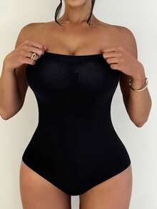 Sirith 無縫緊身無肩帶連身衣 - 黑色 - 查看 5