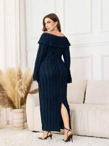 Modelyn Plus Size Women's Off-Shoulder Ruffle Long Sleeve Fitted Lace Patchwork Elegant Dress - Blue - View 2