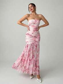 Firerie Women's Elegant Floral Print Ruched Dress, Summer - Apricot - View 4