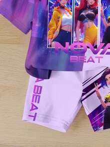 SHEIN 薰衣草色撞色，K-POP卡通女孩肖像及星星印花，少女休闲舒适宽松圆领短袖T恤和骑行短裤套装，适合春夏日常穿着、街头风、外出、居家、度假。 - 彩色 - 查看 6