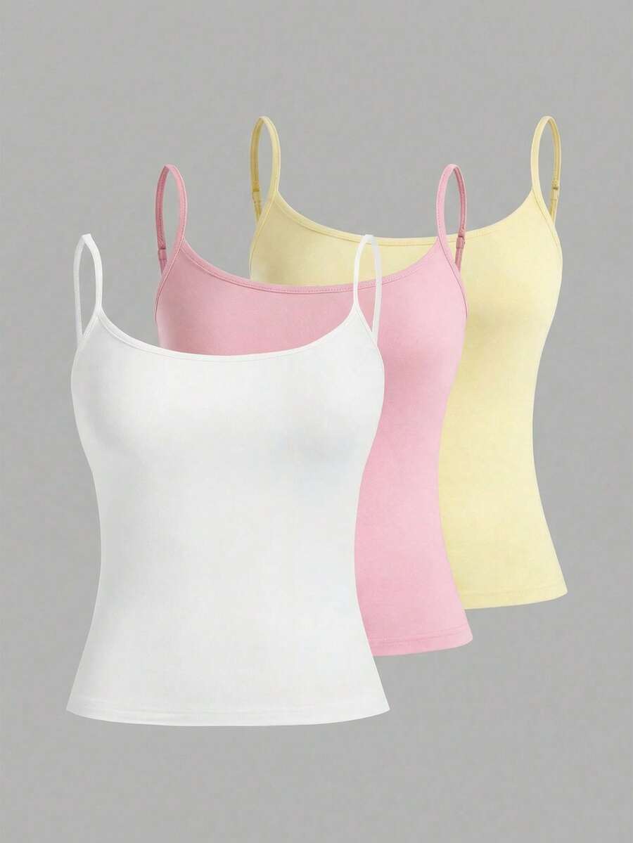 SHEIN EZwear 3pcs/Set Women's Spaghetti Strap Cropped Tight Camisole, Suitable For Summer, Pink, Yellow, White Undershirts For Women Camisole Tops For Women 3 Pack Tops Pastel Tops Cami Tops,Summer Top - Multicolor - View 1