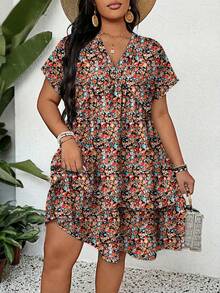 SHEIN LUNE 大码女式短袖碎花度假连衣裙 - 彩色 - 查看 4