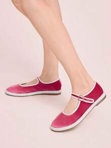 CUCCOO DOLLMOD Women Shoes Rose Red Fashion Velvet Mary Jane Round Toe Flat Shoes Commuting Dating Party Shopping College Cute Sweet Spring Shoes - Hot Pink - View 3