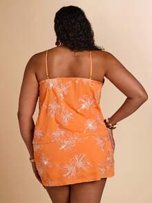 SHEIN BAE Plus Size Women's Orange Top,Floral Print Knotted Camisole,Sequin Shiny Blouse,Summer Beach Vacation Holiday Outfits,Curve Elegant Party Wear - Orange - View 3