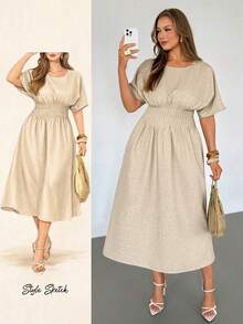 Auralis Plus Size Women's Solid Color Round Neck Batwing Sleeve Cinched Waist Casual Dress, Summer Dresses - Apricot - View 6