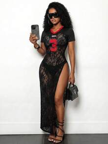 SHEIN BamGlam Women's Knitted Lace Netted T-Shirt, Contrasting V-Neck With A Digital 3 Patch Pattern Knitted Lace T-Shirt, High Slit Design, Long And Irregular Design T-Shirt - Black - View 1